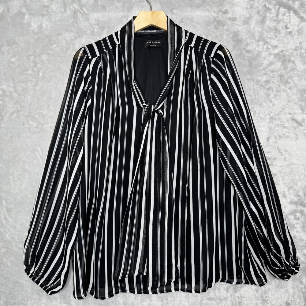 Lane Bryant Blouse Womens 16 Black White Striped Long Sleeve Tie Neck Career Top